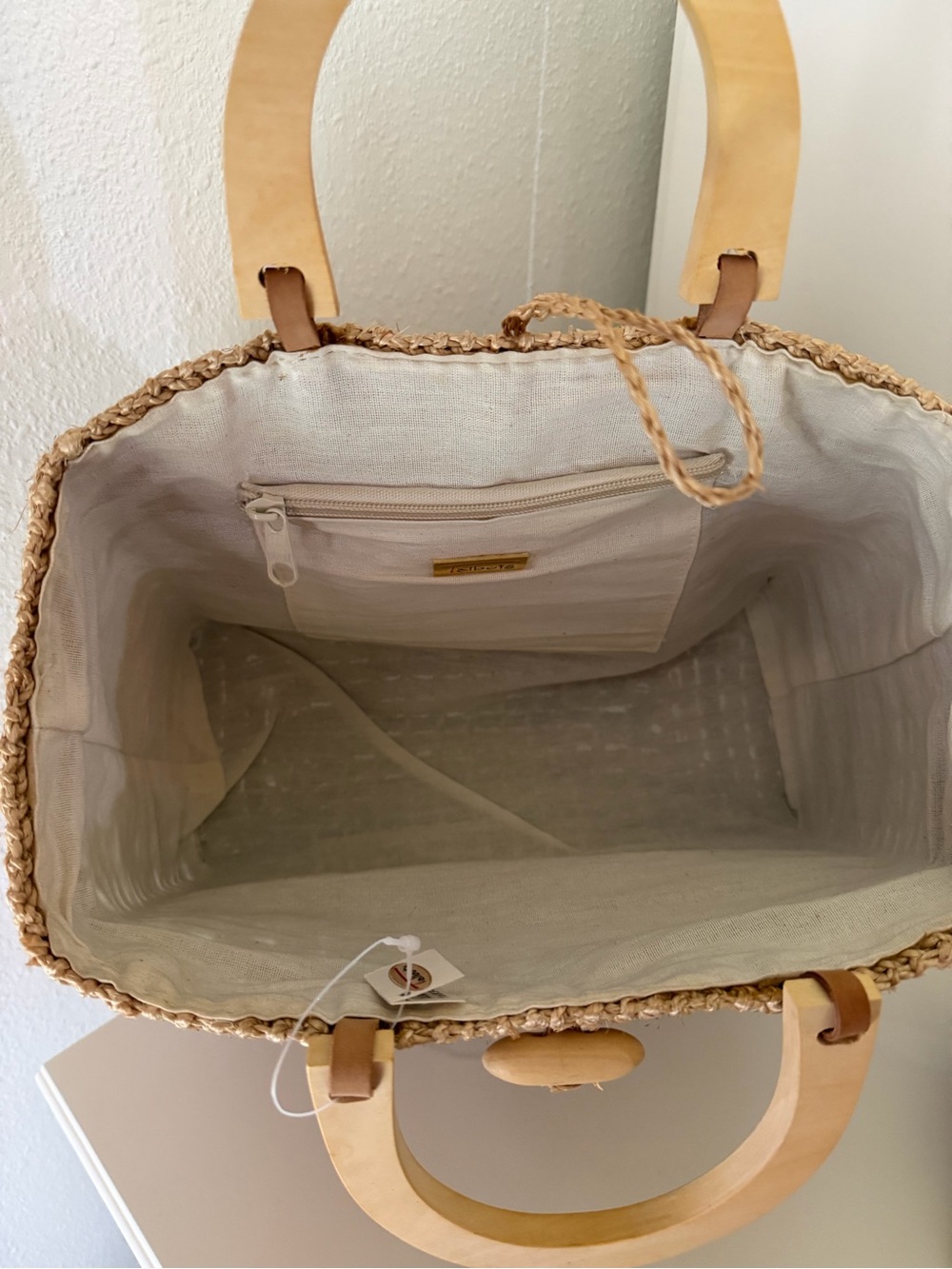 Talbots Woven Straw Tote in Brown and Tan with Wooden Handles - Picture 5 of 9